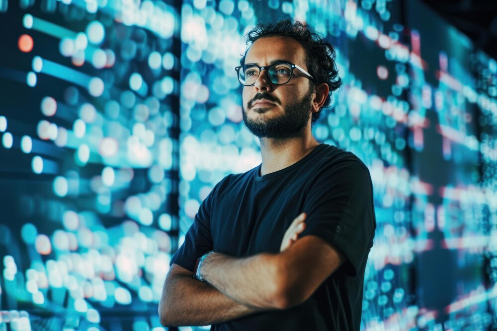 AI specialist in front of data visualization wall